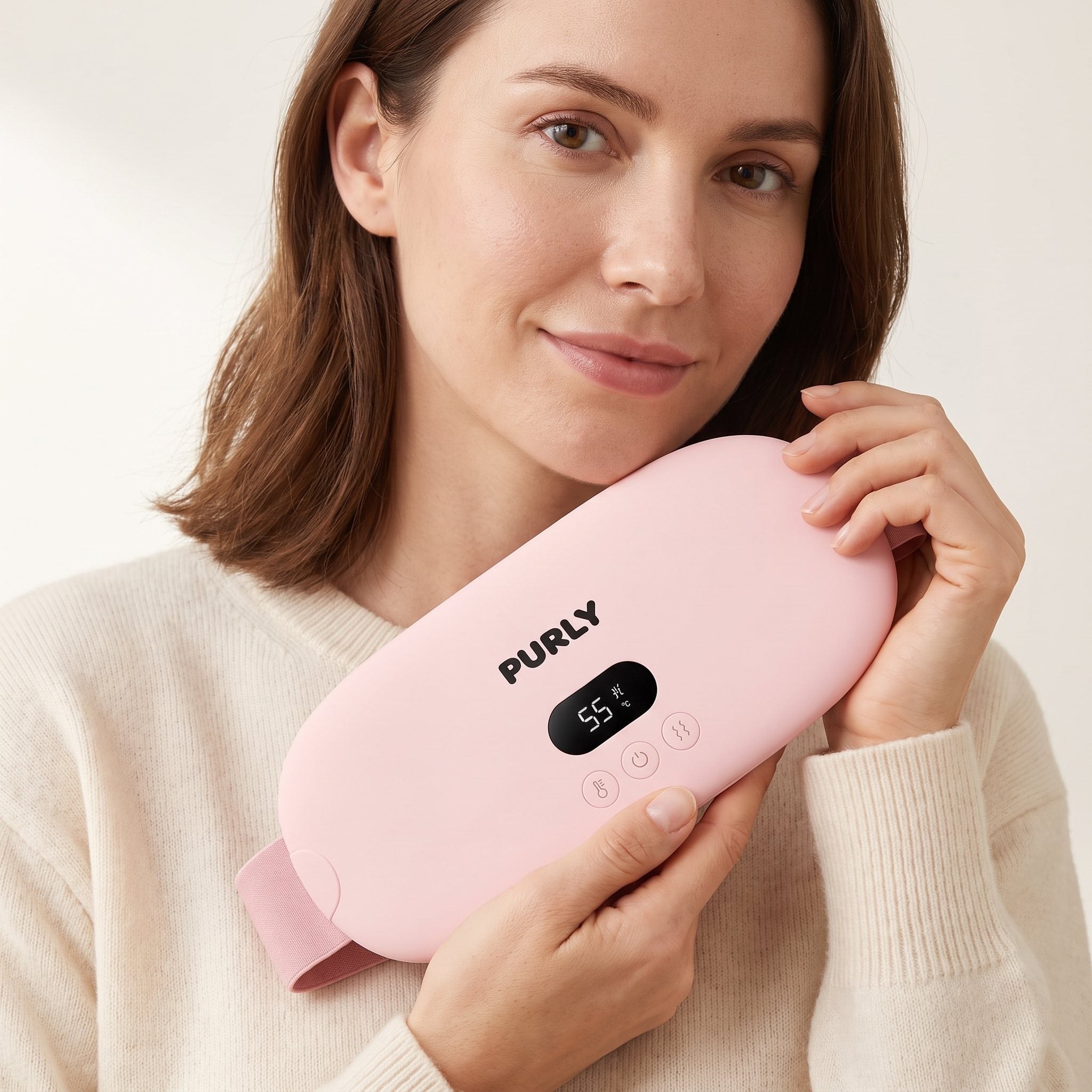 Woman holding the pink Purly heat belt