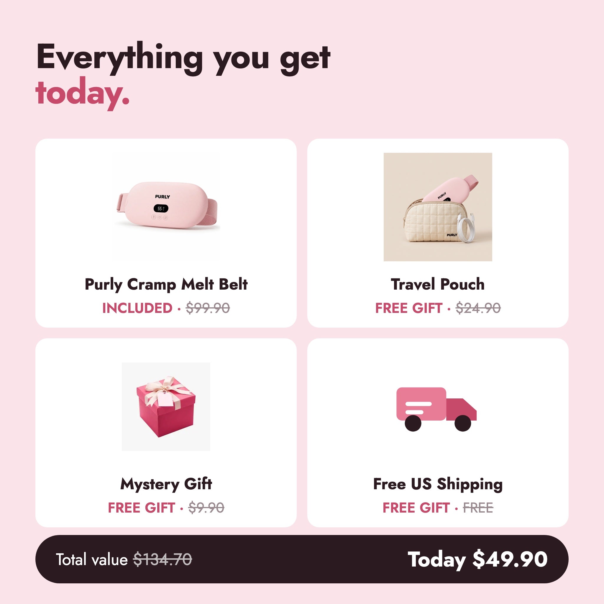 Everything you get: Purly belt, travel pouch, mystery gift, free US shipping