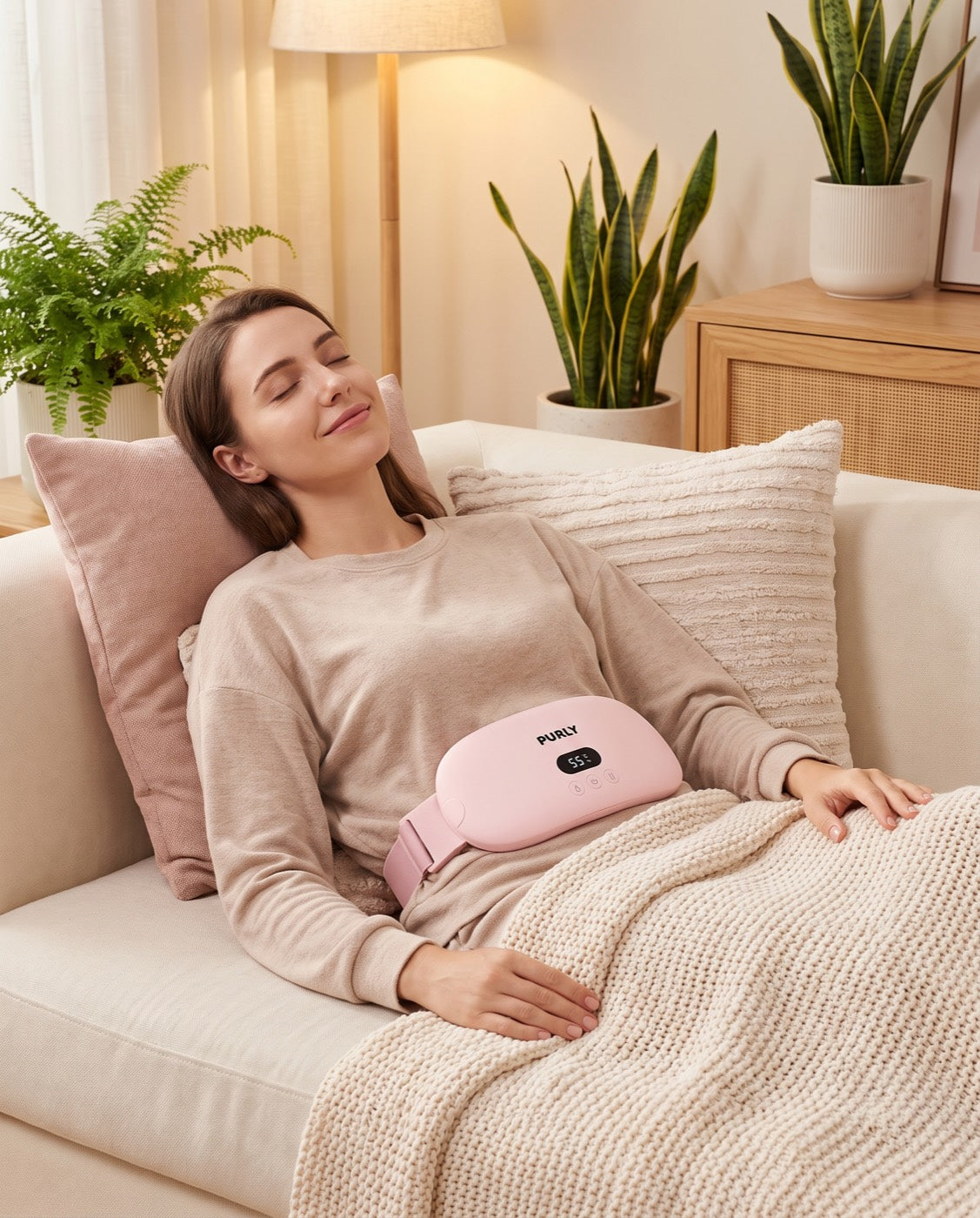 Woman relaxing on the sofa wearing the Purly belt