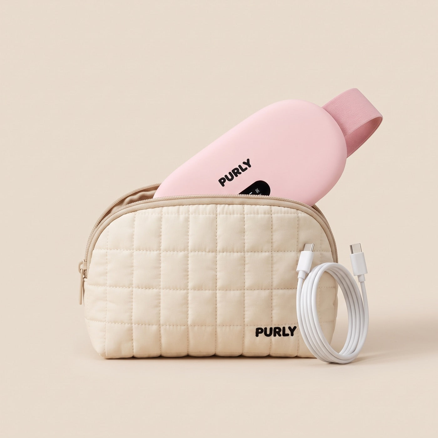 Purly Travel Pouch with the Purly belt and USB-C cable